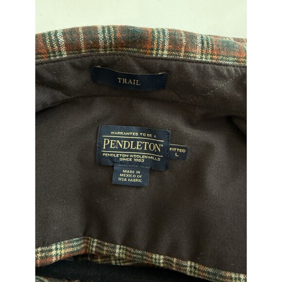 Pendleton Trail Button Shirt USA Virgin Wool Plaid Flannel Elbow Patch L Brown e - Picture 4 of 7